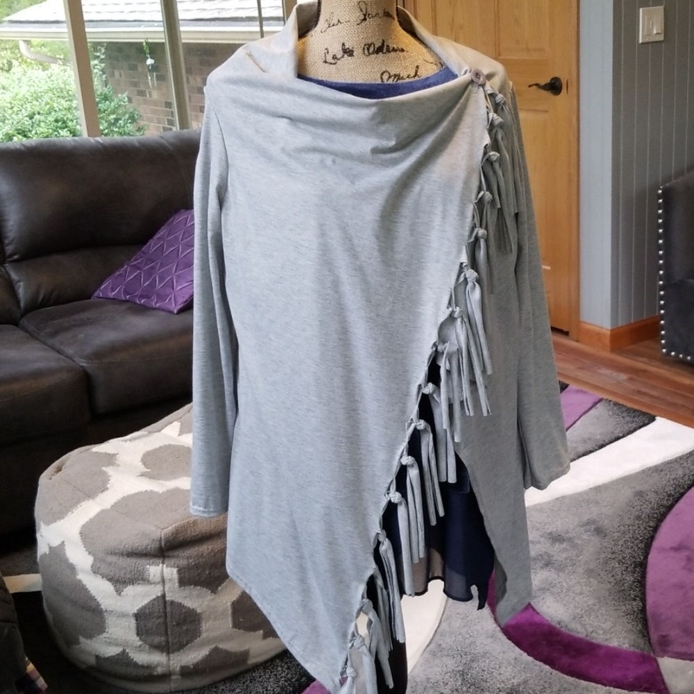 Wrap, Shawl, Poncho with Fringe, Gray, OSFA